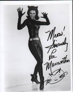 Lee Meriweather signed Catwoman photograph: A wonderful signed bw 8x10 photograph as Catwoman in the Adam West Batman film adding a cat sketch and Meow ! With COA