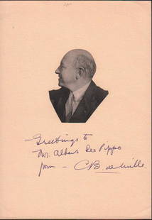 Cecil B DeMille signed page: A rare 7x9 page with his image attached with nice long inscription by the Director with COA