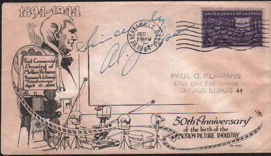 Al Jolson important signed FDC: A 1944 First Day cover honoring film signed by Jolson the first actor in the first talkie film ! With COA