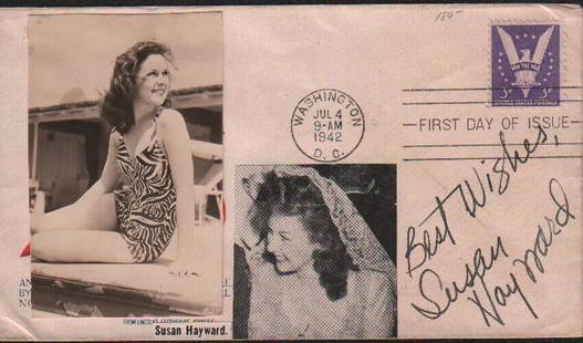 Susan Hayward FDC perhaps one of a kind: A 1944 FDC for a Victory in war stamp signed by Hayward the fan having added her images to the envelope obviously a one of a kind by a scarce signer with COA
