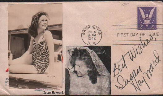 Susan Hayward FDC perhaps one of a kind: A 1944 FDC for a Victory in war stamp signed by Hayward the fan having added her images to the envelope obviously a one of a kind by a scarce signer with COA