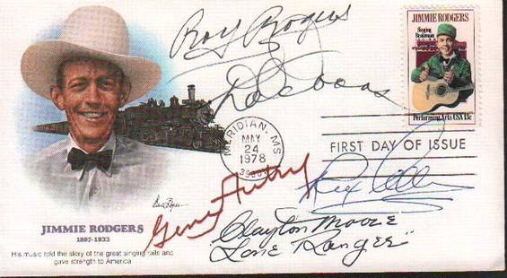 Western Heroes FDC signed: A FDC honoring Jimmie Rodgers an early country western star signed by an astonishing number of western legends Roy Rogers Dale Evans Clayton Moore the Lone Ranger, Rex Allen AND Gene Autry with COA