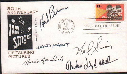 Playwrights signed FDC: A FDC honoring film signed by legendary playwirghts Neil Simon, Andrew Lloyd Weber, David Mamet, Hal Prince and legendary composer Marvin Hamlisch with COA