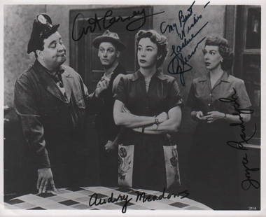 The Honeymooners cast signed photograph: A bw signed by the cast of TVs firt hit series Joyce Randolph Art Carney Audrey Meadows and of course Jackie Gleaon with COA