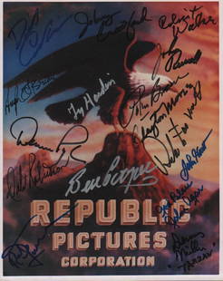 Republic Pictures Western Stars signed photograph: A color 8x10 of the famed Republic Westerns Studio logo signed by staggering number of stars 16 ! From Denver Pyle to Clayton Moore, David Carradine to John Agar, Denny Miller to Clint Walker and more