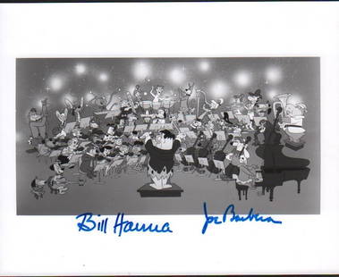 Hannah and Barberra signed photograph: A bw of Fred Flintsone Directing an orchestra of characters signed by creators Bill Hannah and Joseph Barberra with COA