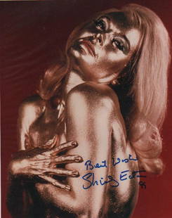 Shirley Eaton Goldfinger signed photograph: A painted gold James Bond Goldfinger signed 8x10 by her with COA