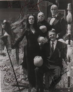 Addam's Family rare cast signed photograph: A rare vintage bw signed 8x10 by stars John Astin and Carolyn Jones and Uncle Fester Jackie Coogan too ! With COA