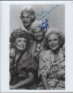 Golden Girls cast signed photograph: A bw (bad scan the dots do not appear) of the cast signed by all four Bea Arthur Betty White Estelle Getty and Rue McClanahan with COA