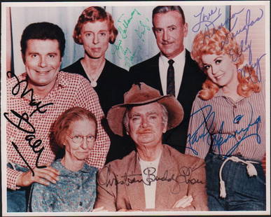 Beverly Hillbillies rare cast signed photograph: A vintage color signed 8x10 by Donna Douglas Buddy Ebsen who adds his real full name, Max Baer Jr creator Paul Henning and Jane Culp as miss Hathaway with COA