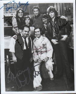 Taxi rare cast signed photograph: A bw vintage signed 8x10 by deceased stars Jeff Conaway and Andy Kaufman and by Judd Hirsch Danny Devito Tony Danza and Marilu Henner with COA