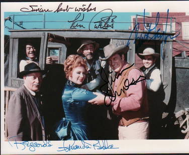 Gunsmoke cast signed photograph: A rare vintage color signed 8x10 by Jim Arness Ken Curtis Amanda Blake and Brett Taylor with COA