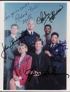 Night Court cast signed photograph: A vintage color signed 8x10 by Harry Anderson John Larroquette Markie Post Richard Moll Charles Robinson and Marsha Warfield with COA