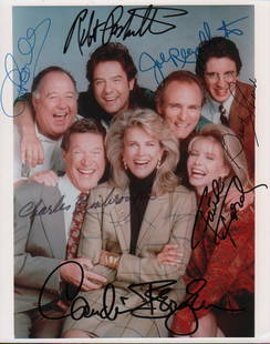 Murphy Brown cast signed photograph: A color vintage signed 8x10 by Candace Bergen Faith Ford Joe Regabalutto Robert Pastorelli Grant Shaud and others with COA