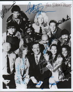 Hill Street Blues cast signed photograph: A vintage bw signed 8x10 cast photograph by Veronica Hamel, Daniel J Travanti, Ed Marinaro, Bruce Weitz, Barbara Bosson, Michael Warren and others with COA