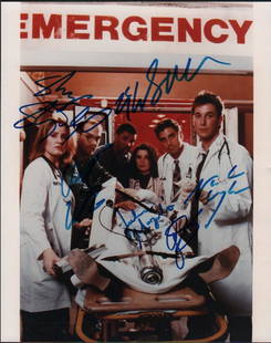 ER cast signed photograph: A vintage color cast signed 8x10 by Noah Wylie George Clooney Anthony Edwards Juliana Margolis and two others with COA