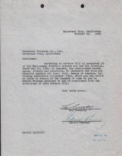 Lou Costello 1952 signed contract: The RARE half of the comedy due Abbott and Costello on a one page signed contract with COA
