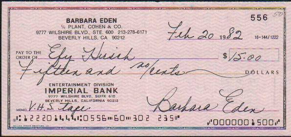 Barbara Eden bank check: A 1982 bank check signed by Eden who played Jeannie on TV with COA