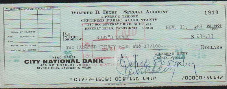 Bill Bixby bank check: A Bill Bixby signed 1968 bank check with COA