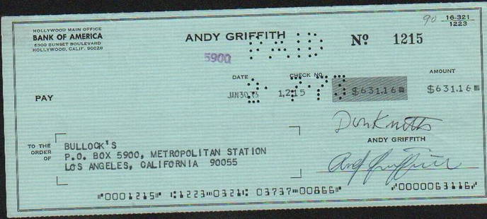 Andy Griffith Show ONE OF A KIND Check signed: An Andy Griffith rare check signed PLUS Don Knotts later signed above his name on the check ! One of a kind ! With COA