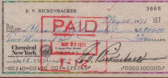 Capt Eddie Rickenbacker signed check: A signed bank check by Air ace Capt Eddie Rickenbacker with COA