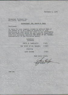 Gary Cooper contract signed: A one page contract signed by Cooper in 1944 regarding film details with COA