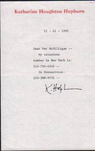 Katharine Hepburn typed letter signed: A wonderful typed letter signed on her stationary giving both of her phone numbers to a friend I wish she was still around to call her ! With COA