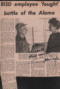 John Wayne signed newspaper article: A newspaper article re the Alamo a fan sent to Wayne to sign which he did adding a comment with COA