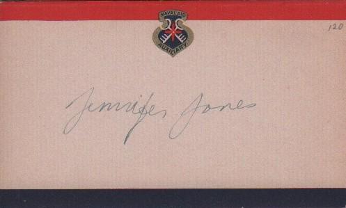 Jennifer Jones signature: A rare signature of the AA winning actress on a WWII Auxillary card signed for charity with COA