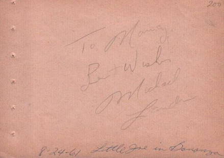 Michael Landon Bonanza signature: A nice 60s pencil signed autograph page by Little Joe of Bonanza fame with COA