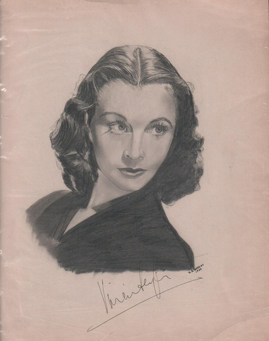 Vivien Leigh Scarlett Gone with the Wind signed sketch: A vintage 40s signed 8x10 pencil sketch of her done beautifully as Scarlett in Gone with the Wind signed in fountain pen ink by her with COA RARE and one of a kind