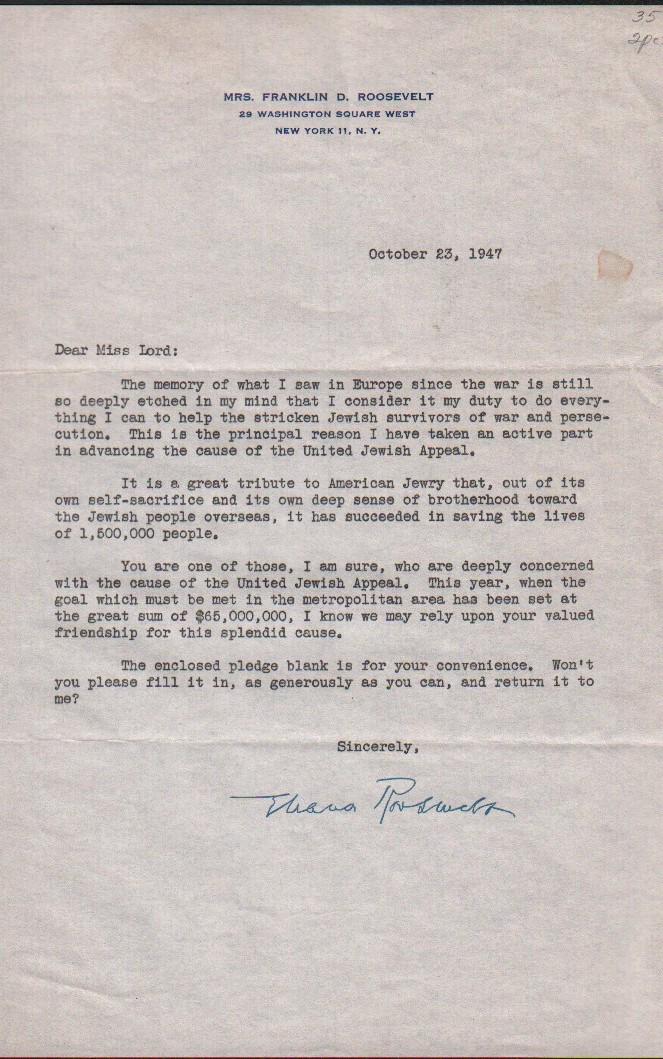 Eleanor Roosevelt letter signed (1 of 1)