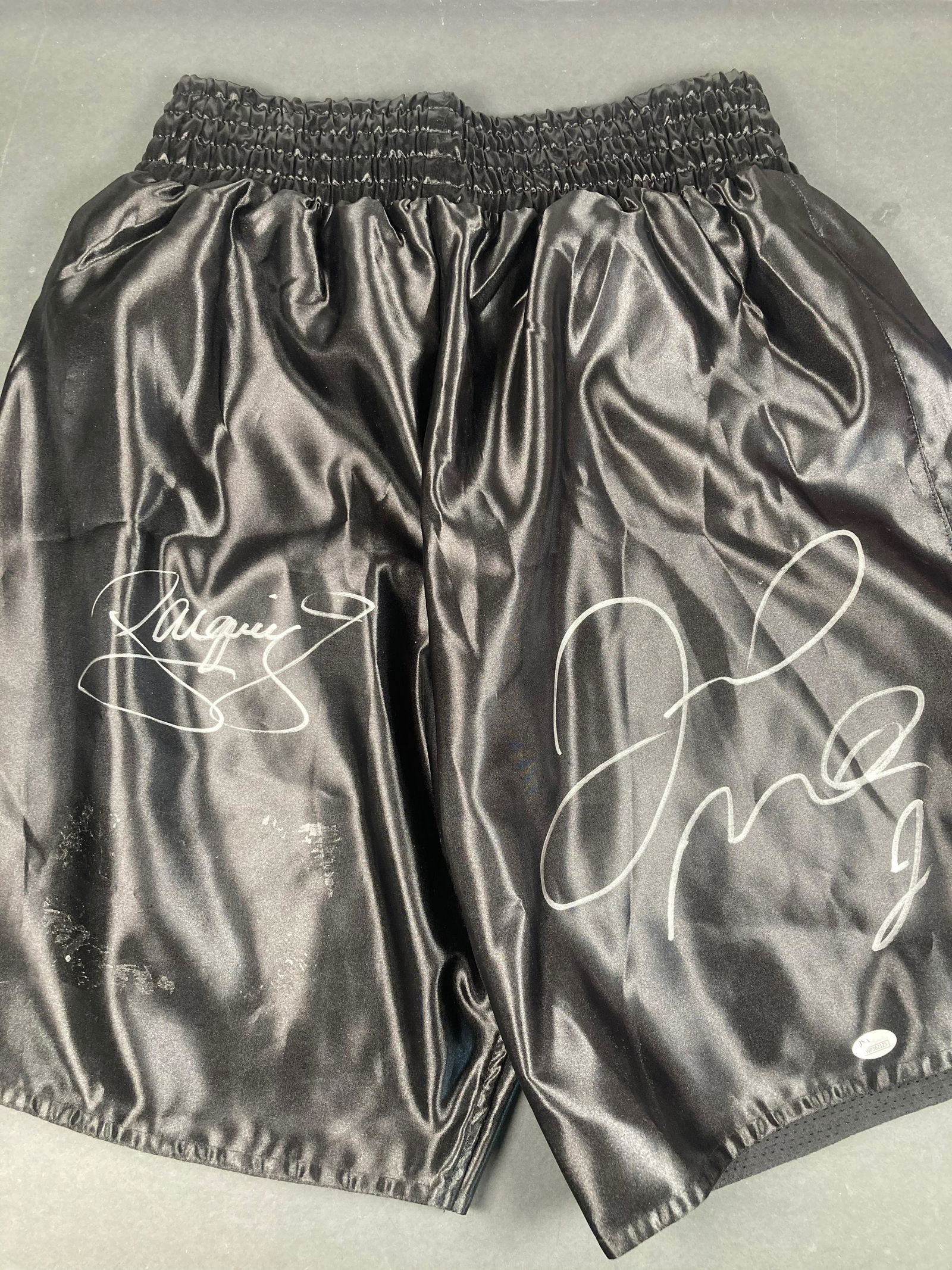Manny Pacquio and Floyd Mayweather signed boxing trunks (1 of 1)
