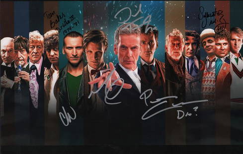 Dr Who multi signed print: A cool 11x17 print signed by MANY DR WHO stars Tom Baker, Peter Capaldi, Matt Smith, Colin Eccleston, David Tennant AND Sylvester McCoy ! With COA