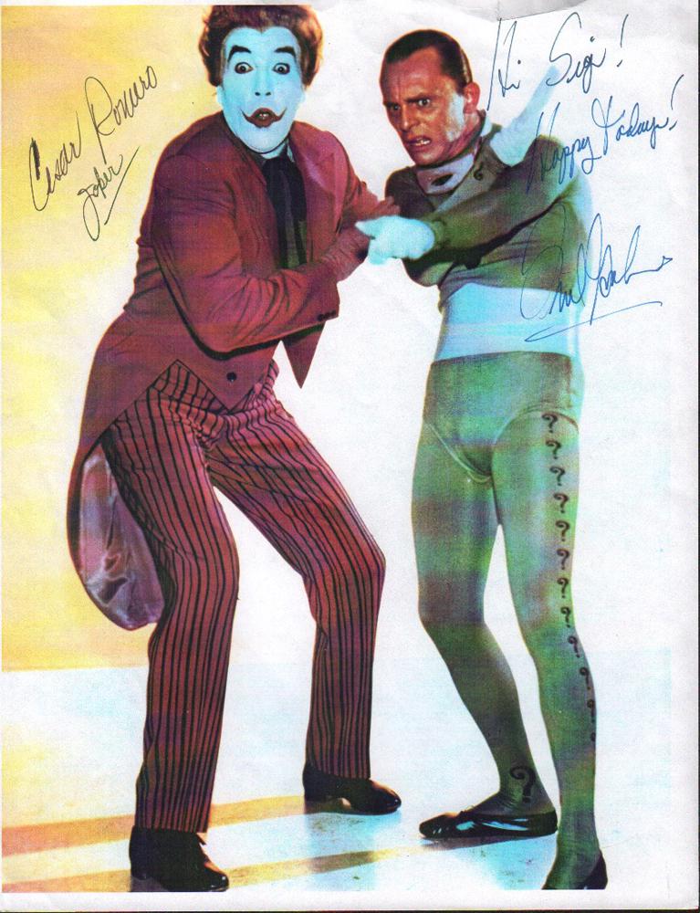 Joker and Riddler signed image: This signed 8x10 is on PAPER stock but is a rare combo of Cesar romero adding Joker and Frank Gorshin adding Riddler with COA