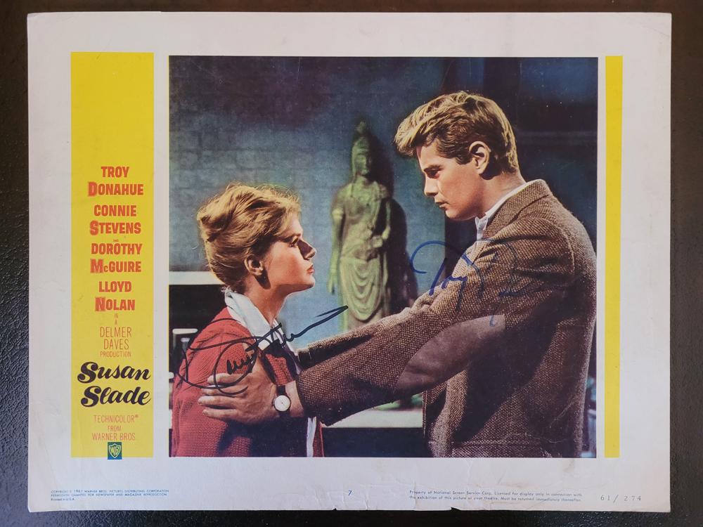 Connie Stevens and Troy Donahue signed lobby card: A Susan Slader lobby card 11x14 signed by both stars Connie Stevens and Troy Donahue with COA