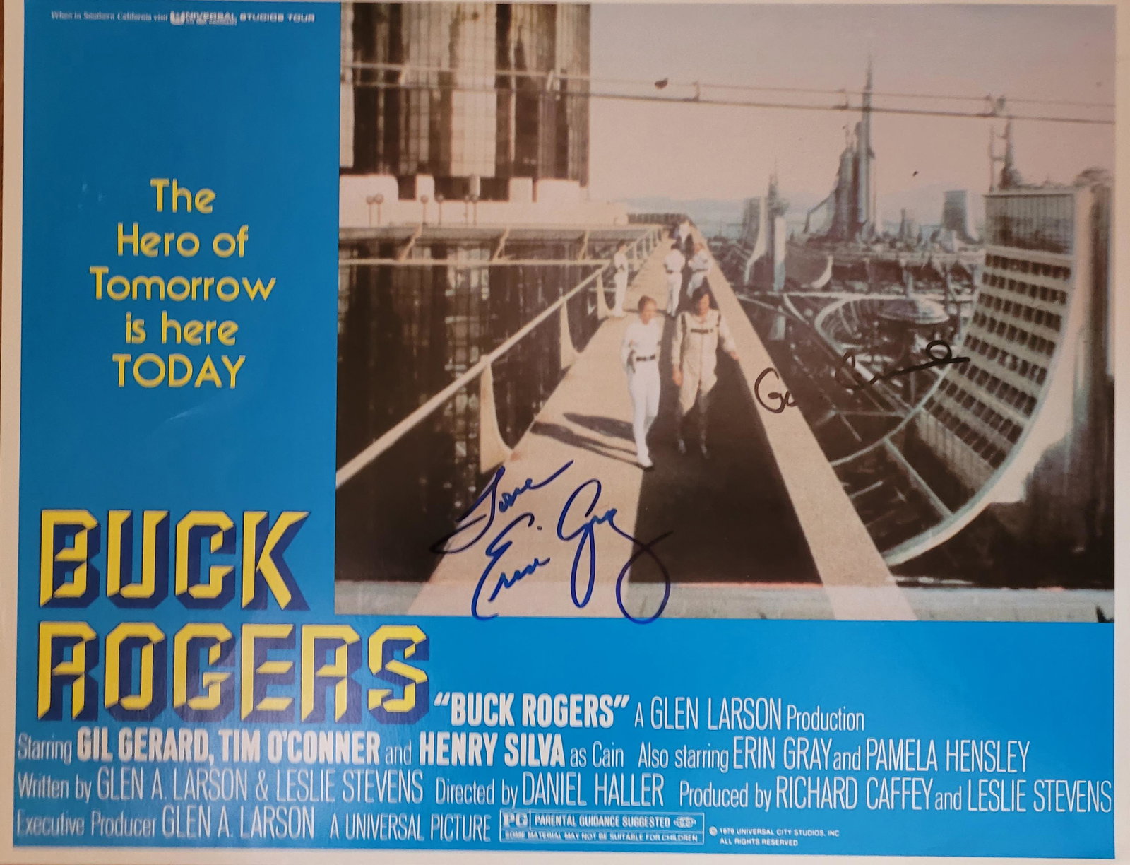 Buck Rogers in the 25th Century: A rare lobby card from the TV series/movie signed by stars Erin Gray and Gil Gerard with COA