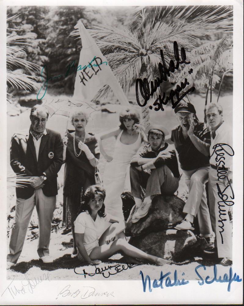 Gilligan's Island Cast Signed 8x10 Photo: A vintage bw cast signed 8x10 by all the cast aways Bob Denver Dawn Wells Natalie Schafer Jim Backue Alan Hale Jr and Russell Johnson with COA