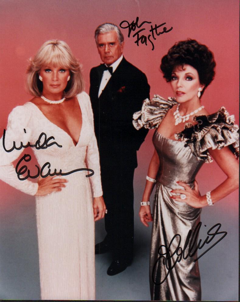 John Forsythe Linda Evans Joan Collins Dynasty 8x10: A color vintage signed cast 8x10 by John Forsythe Joan Collins and Linda Evans with COA