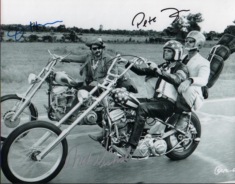 Easy Rider Cast Signed 8x10 Photo: A vintage bw signed 8x10 by all three Jack Nicholson Dennis Hopper and Peter Fonda with COA