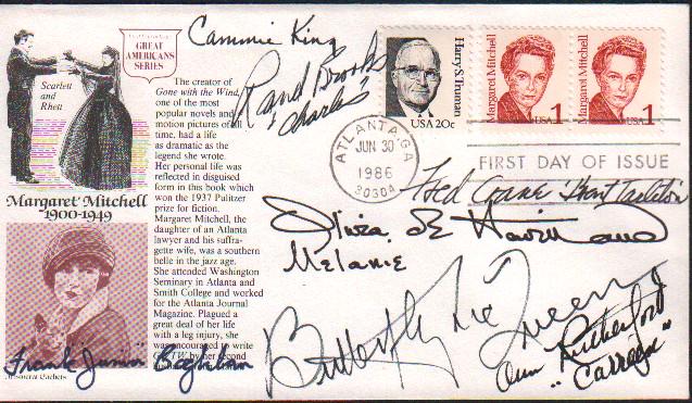 Gone with the Wind First Day Cover Signed by 7: A rare FDC honoring Margaret Mitchell signed by a staggering SEVEN GWTW stars Oiivia DeHavilland Cammie King Rand Brooks Butterfly McQueen Cammie King Fred Crane and Frank Coghlan with COA