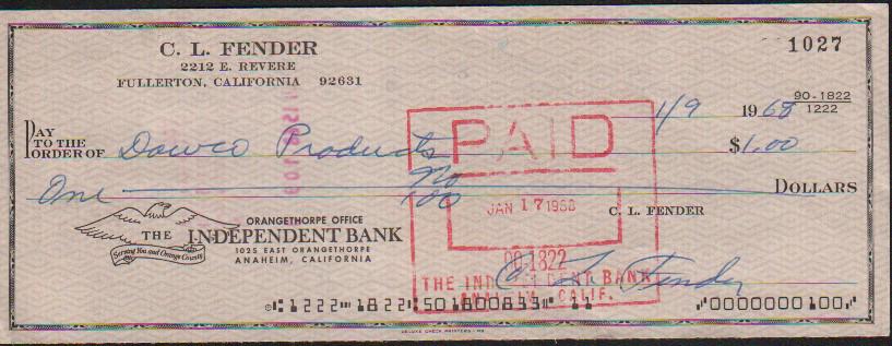 C.L. Fender Bank Check: Rare 60s bank check signed by the creator of Fender guitars with COA