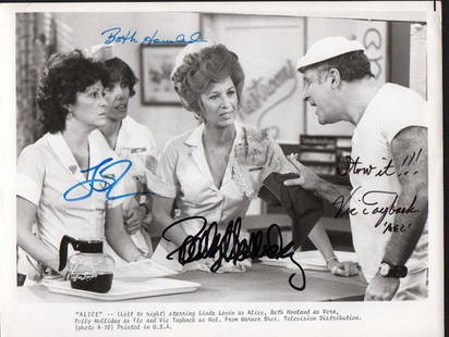 Alice cast signed photograph: A vintage bw signed 8x10 by the cast Vic Tayback adding Mel and Stow it ! Polly Holliday Linda Lavin and Beth Howland with COA