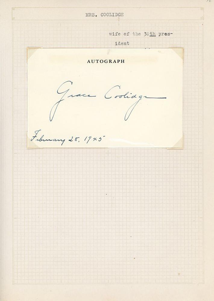 First Lady Grace Coolidge Signed Page: Signature cut of First Lady Grace Coolidge signed on February 25, 1945.