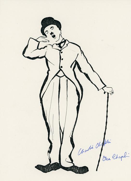 Charlie Chaplin print: An unusual lithographic print of the Little Tramp approx 9x12 signed by Chaplin in fine blue ink AND signed by wife Ona Chaplin as well with COA