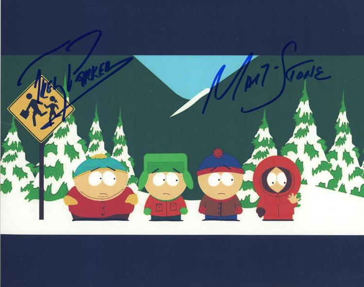 South Park signed photograph: A scarce color signed 8x10 of both creators Trey Parker and Matt Stone with COA