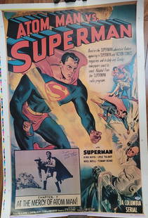 Atom Man vs Superman poster signed: A full 27x40 one sheet reprint of the early serial poster signed by first Superman actor Kirk Alyn with PSA DNA sticker on it as well as our COA