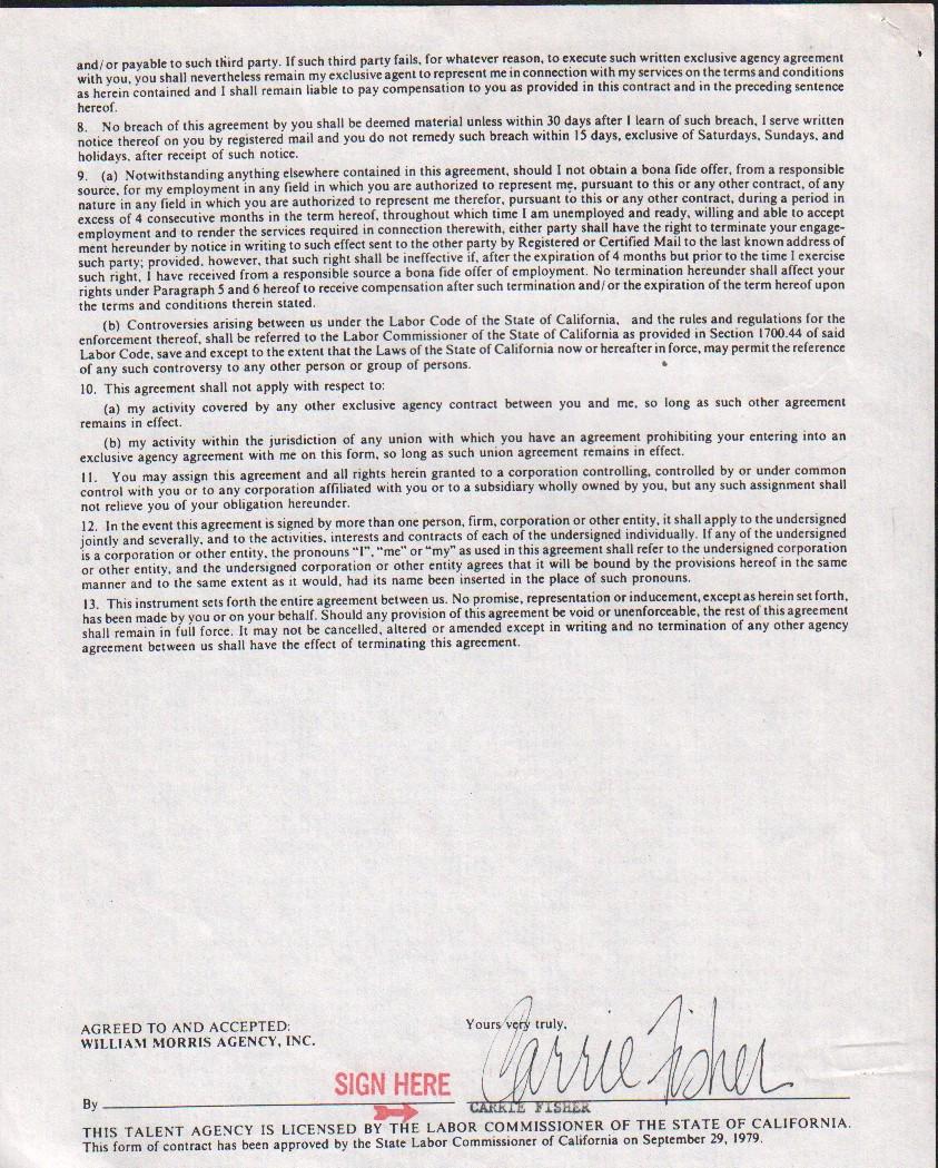 Carrie Fisher Star Wars RARE contract (1 of 1)