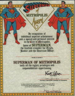 Superman rare print certificate signed by both creators: A rare (only 300 were done in 1972) Superman Metropolis Award certicicate approx 11x14 signed by Kirk Alyn the original film Superman AND BOTH creators Jerry Siegel and Joe Schuster with COA