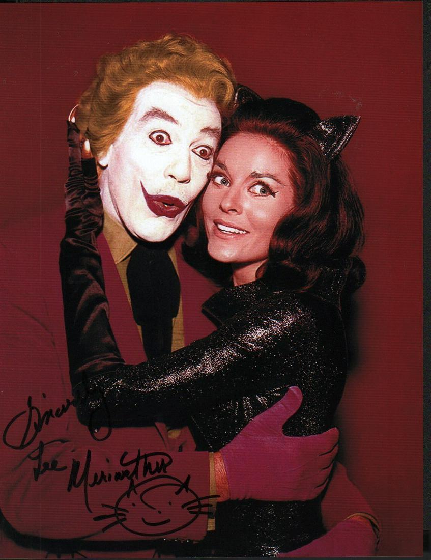 A color Batman still signed by her as Catwoman with cat: A color Batman still signed by her as Catwoman with cat sketch with COA